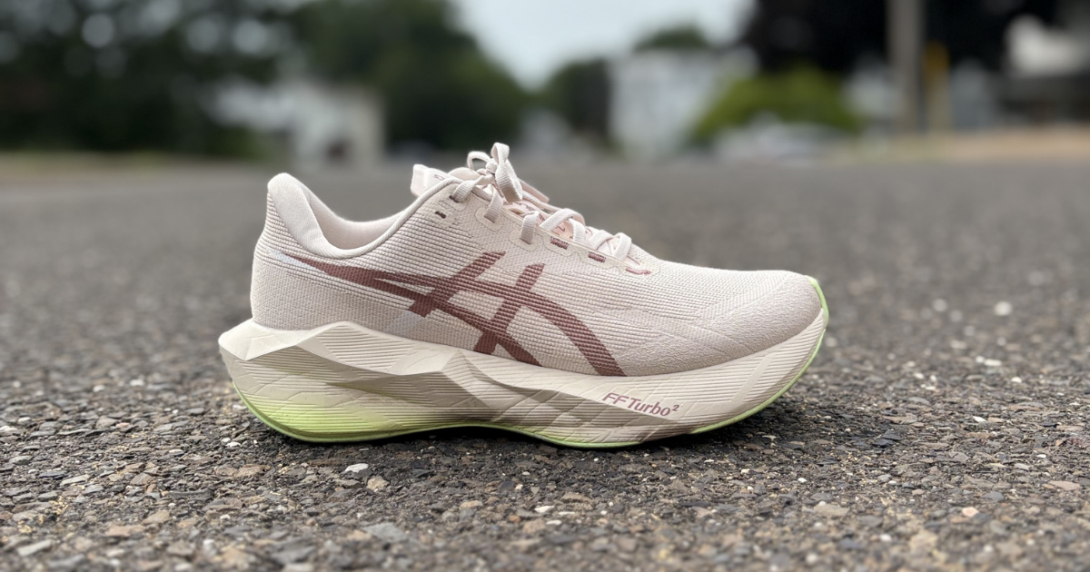ASICS Novablast 6 side profile on pavement