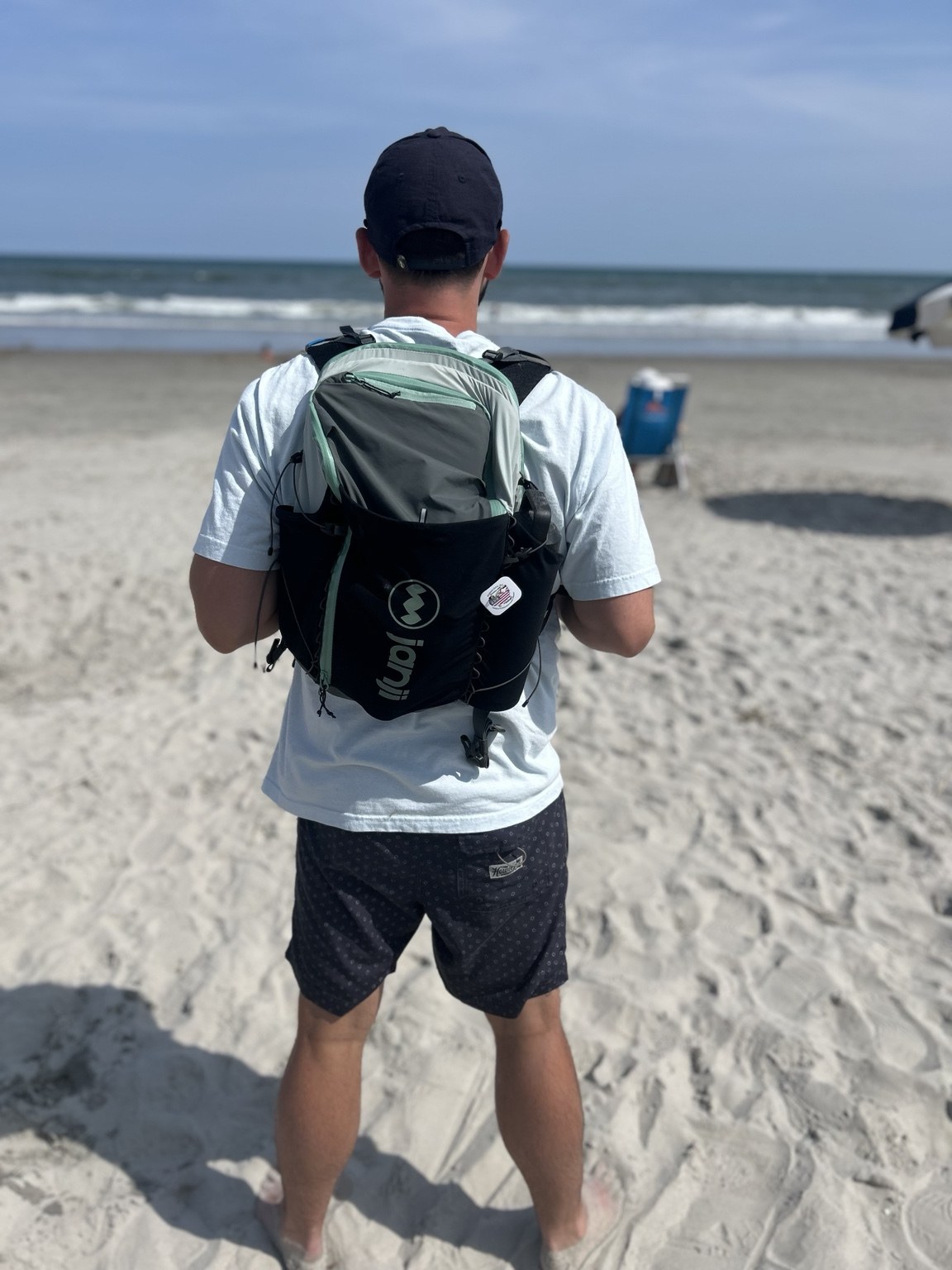 Wearing the Janji Revy Pack at the beach